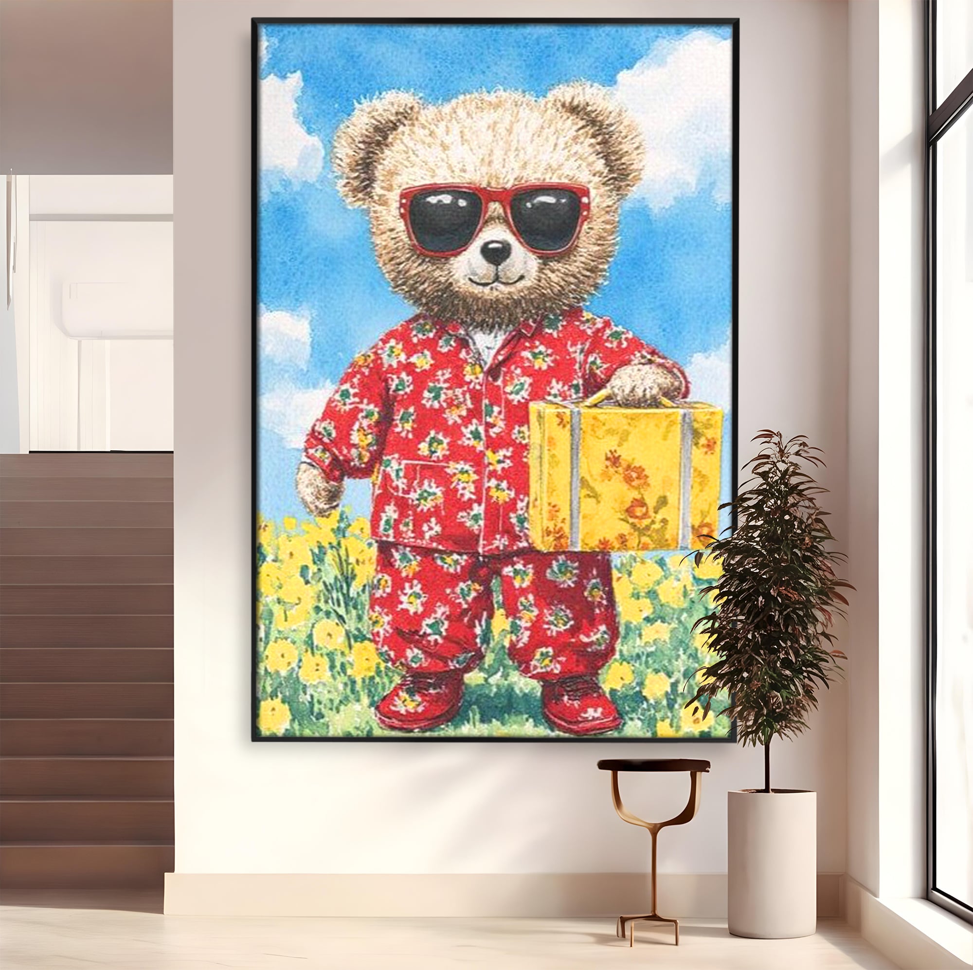 Tablou canvas cu tablou canvas cu ursulet in pijamale, in rama de aluminiu negru